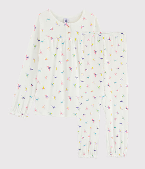 Girls' Birds Print Ribbed Pyjamas MARSHMALLOW white/MULTICO white