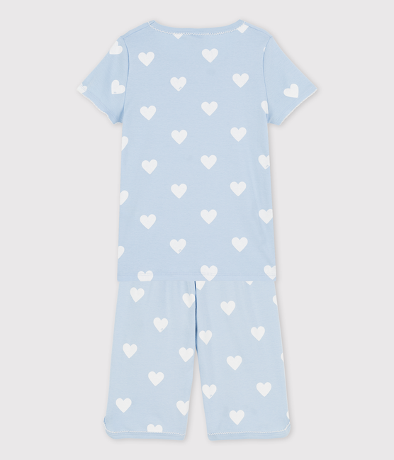 Girls' Blue Heart Pattern Organic Cotton Short Pyjamas JASMIN blue/MARSHMALLOW white