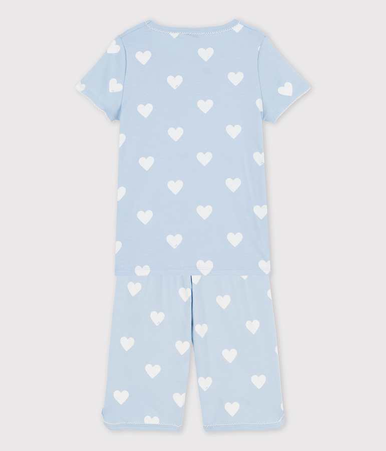 Girls' Blue Heart Pattern Organic Cotton Short Pyjamas JASMIN blue/MARSHMALLOW white