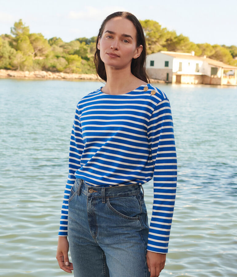 Women's long-sleeved cotton Breton top blue/white