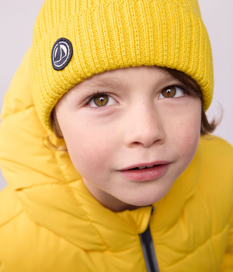 Children's knitted beanie hat lined in polar fleece yellow