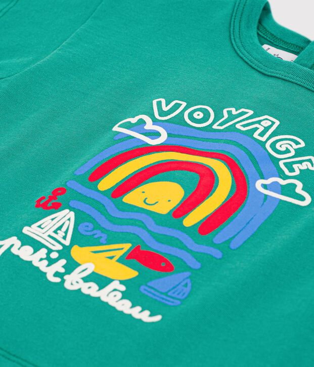 Babies' short-sleeved cotton T-shirt with a seagull motif green