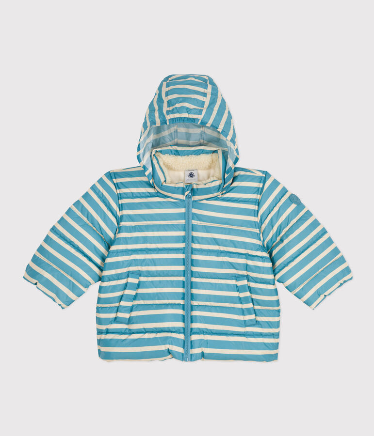 Babies' Stripy Puffer Jacket with Retractable Hood blue/ecru