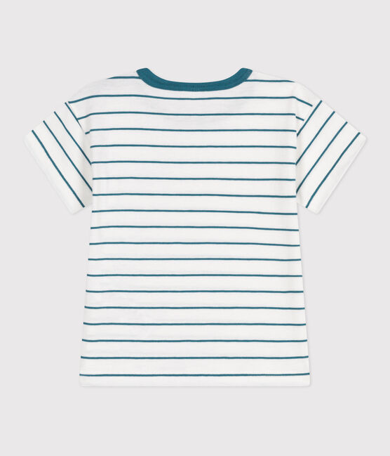 Babies' short-sleeved stripy cotton T-shirt MARSHMALLOW green/DRAGONFLY