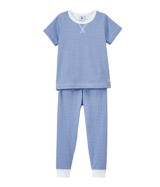 Boy's short-sleeved double knit pyjamas ECUME white/PERSE blue