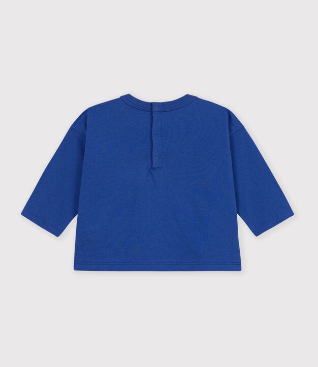 Babies' long-sleeved plain cotton T-shirt with a motif blue