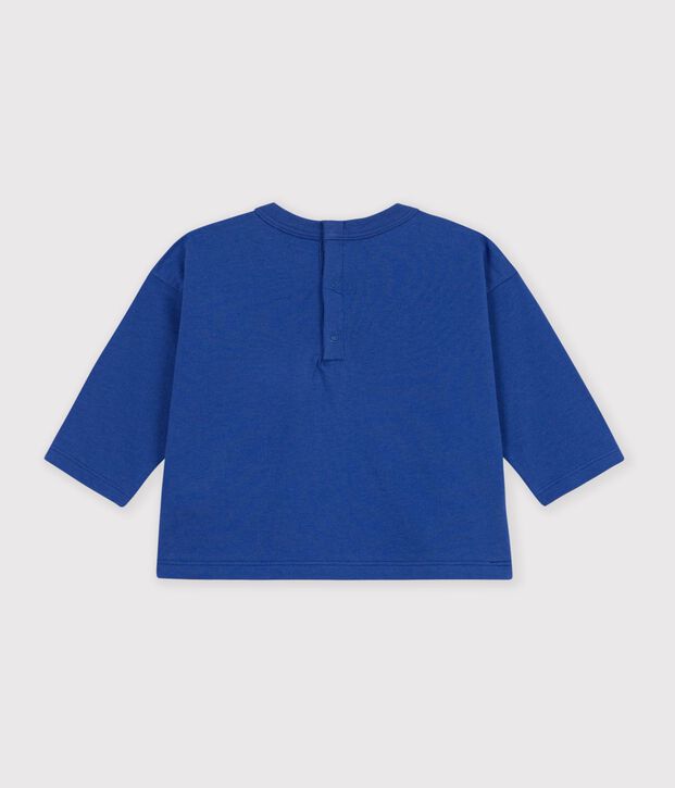 Babies' long-sleeved plain cotton T-shirt with a motif blue