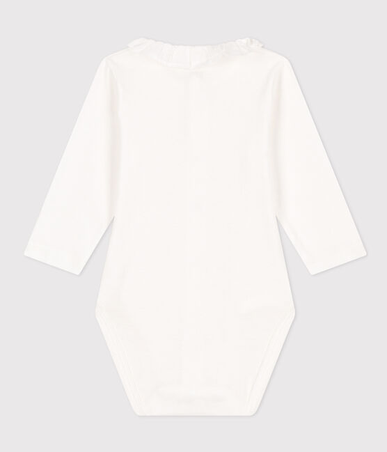 Babies' Long-Sleeved Cotton Bodysuit With Ruffle Collar MARSHMALLOW white