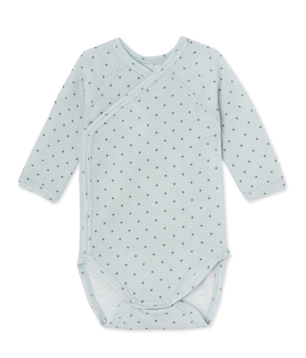 Newborn baby boys' long-sleeved bodysuit in wool and cotton blue/grey