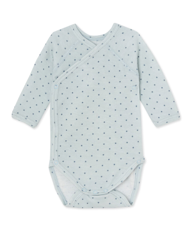 Newborn baby boys' long-sleeved bodysuit in wool and cotton blue/grey