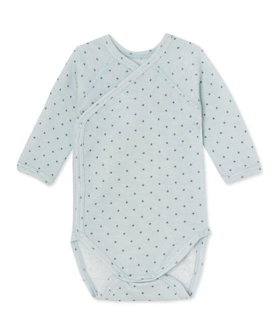 Newborn baby boys' long-sleeved bodysuit in wool and cotton FRAICHEUR blue/TEMPETE grey