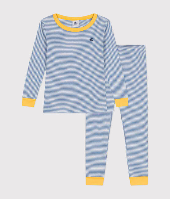 Children's stripy fitted cotton pyjamas BEACH blue/MARSHMALLOW