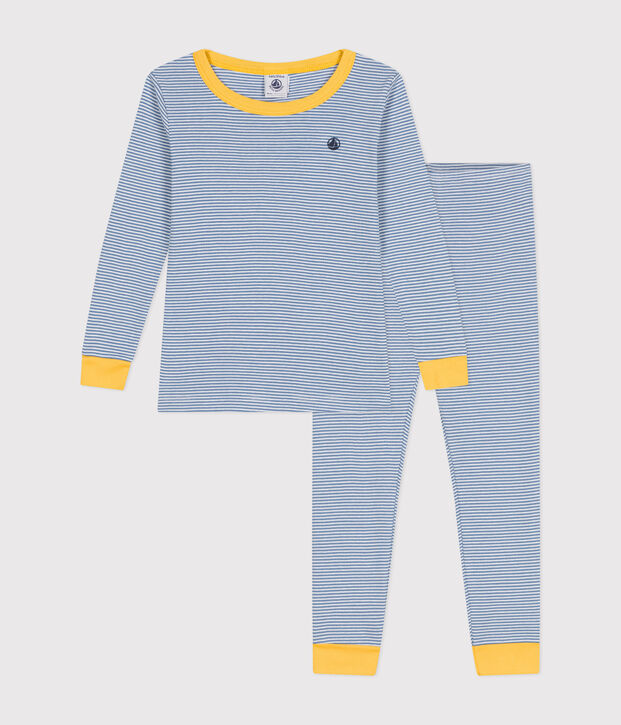 Children's stripy fitted cotton pyjamas blue/white