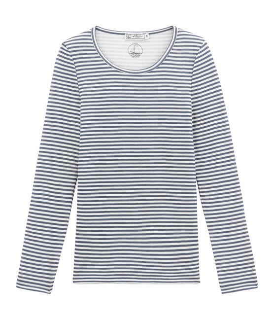 women's long sleeved cotton and wool t•shirt TURQUIN blue/MARSHMALLOW white
