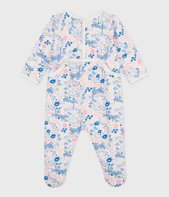 Babies' brushed fleece floral print pyjama suit with a back opening MARSHMALLOW white/MULTICO white