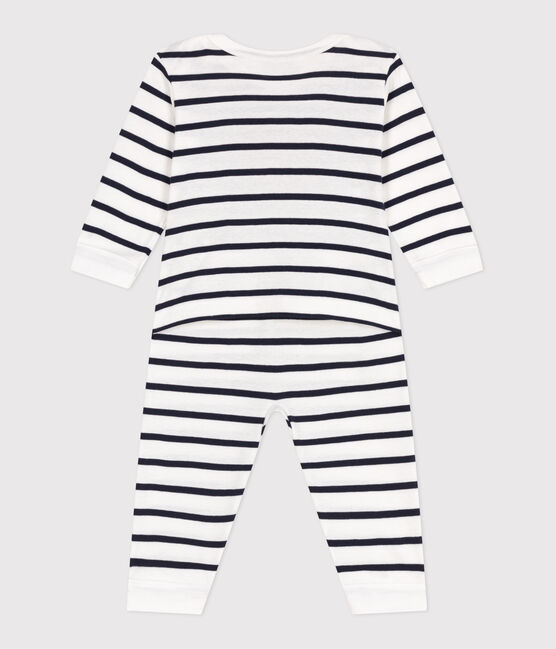 Babies' heart pattern popper-free cotton pyjamas MARSHMALLOW white/SMOKING blue