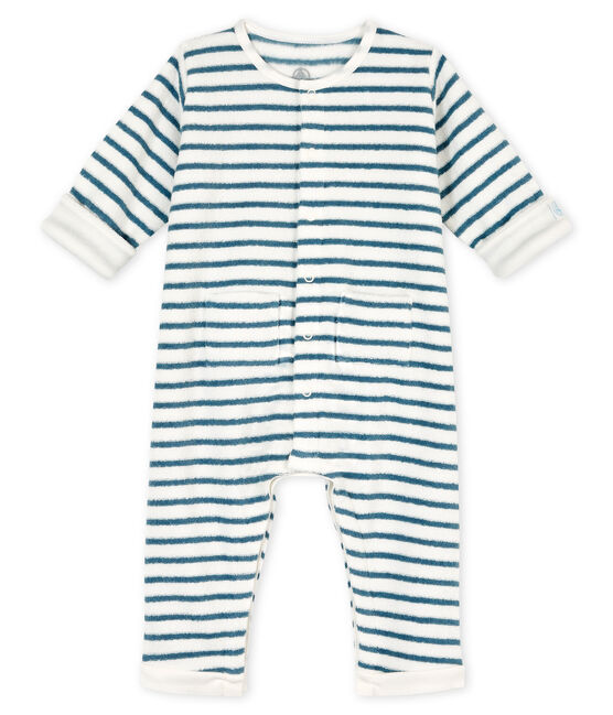 Babies' Unisex Long Striped Jumpsuit in Extra Warm Brushed Terry MARSHMALLOW white/ASTRO blue