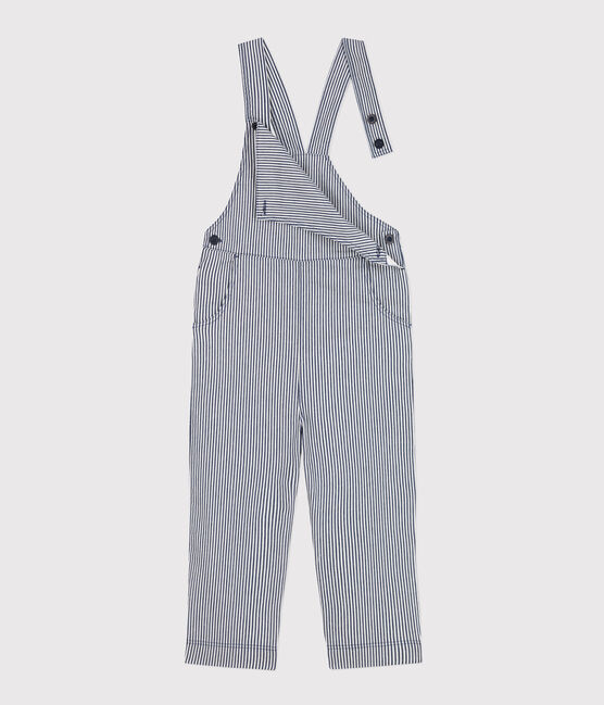 Girls' Stripy Cotton Dungarees MEDIEVAL blue/MARSHMALLOW white