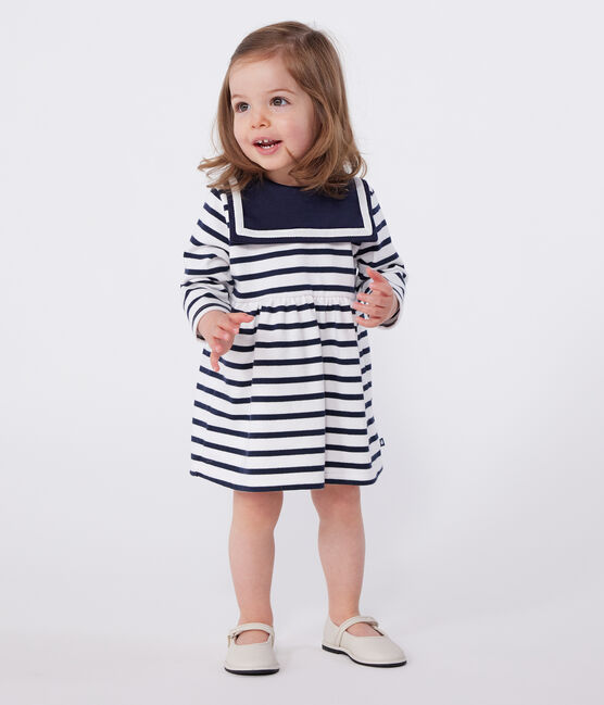 Babies' Breton stripe dress in thick cotton with long sleeves MARSHMALLOW white/SMOKING blue
