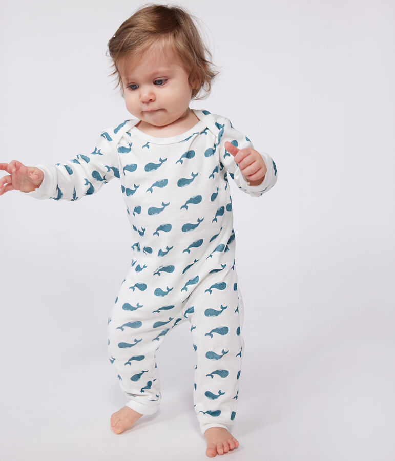 Babies' whale pattern popper-free cotton pyjamas MARSHMALLOW green/DRAGONFLY