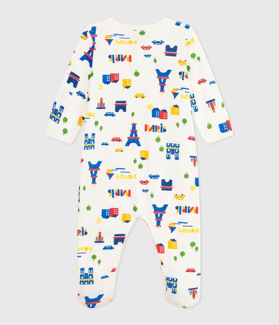 Babies' brushed fleece Paris-print pyjamas with a collar MARSHMALLOW white/MULTICO white