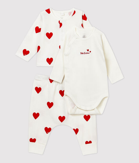 Babies' Red Heart Patterned Organic Cotton Clothing - 3-Pack MARSHMALLOW white/TERKUIT red