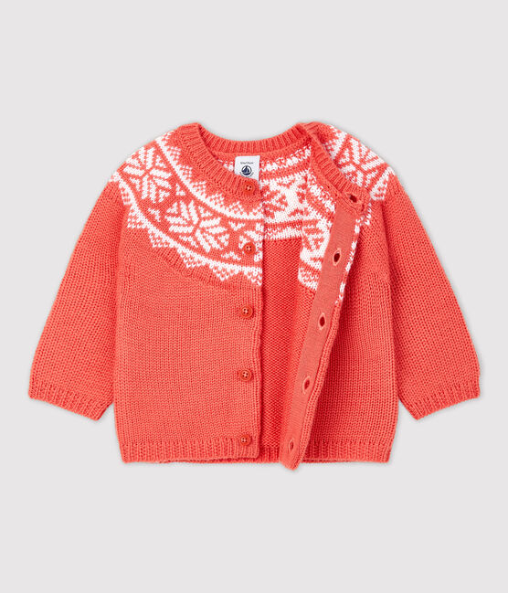 Babies' 100% Wool Cardigan OURSIN orange/MARSHMALLOW white