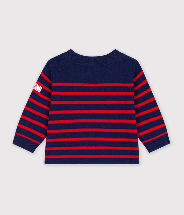 Babies' stripy wool and cotton sailor-style jumper blue/red