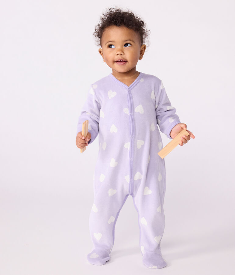 Babies' heart-print velour pyjama suit purple/white