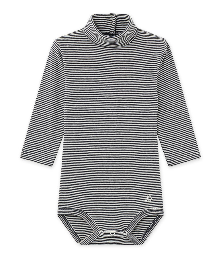 Baby's unisex bodysuit with milleraies-striped roll neck blue/white