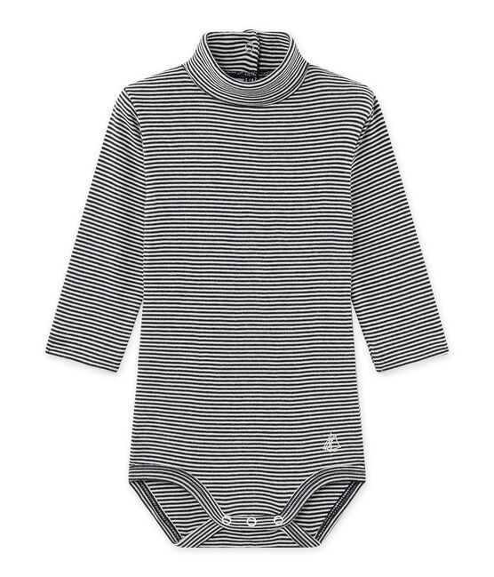 Baby's unisex bodysuit with milleraies-striped roll neck SMOKING blue/COQUILLE beige