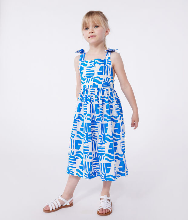 Children's long strappy dress in printed cotton blue/blue