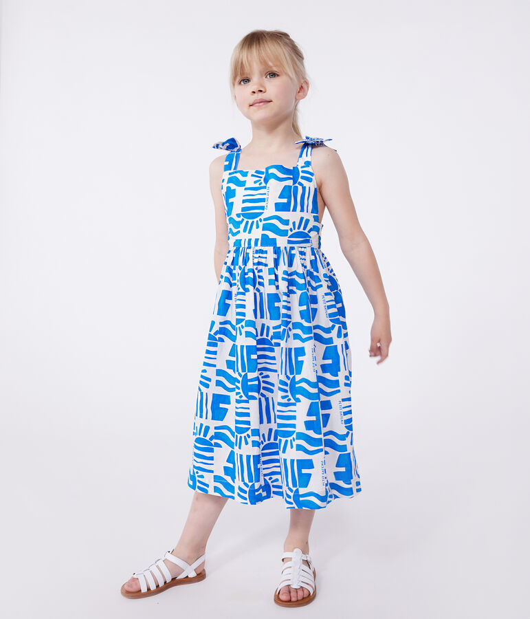 Children's long strappy dress in printed cotton white/blue