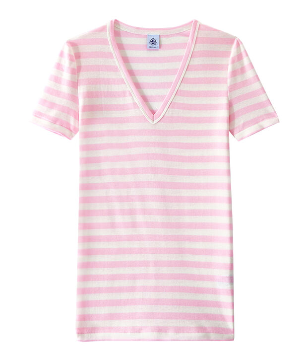 Women's striped original rib V-neck T-shirt pink/white