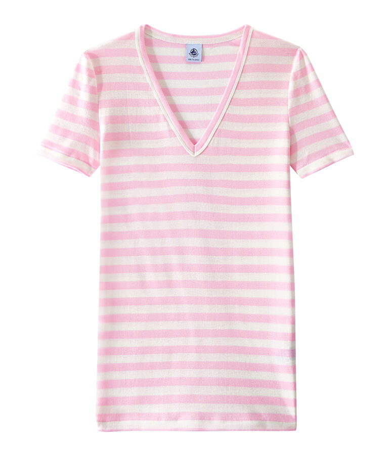 Women's striped original rib V-neck T-shirt pink/white