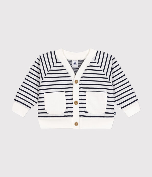 Babies' thick jersey cardigan white/blue