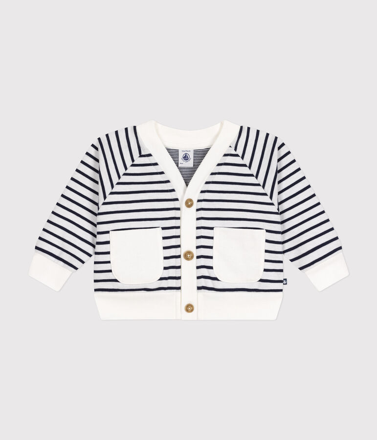 Babies' thick jersey cardigan white/blue