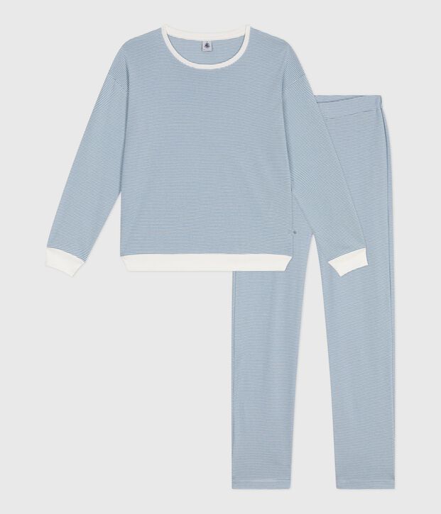 Women's stripy cotton pyjamas blue/white
