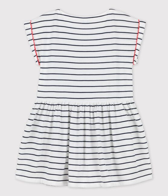 Girls' Short-Sleeved Cotton Dress MARSHMALLOW white/SMOKING blue
