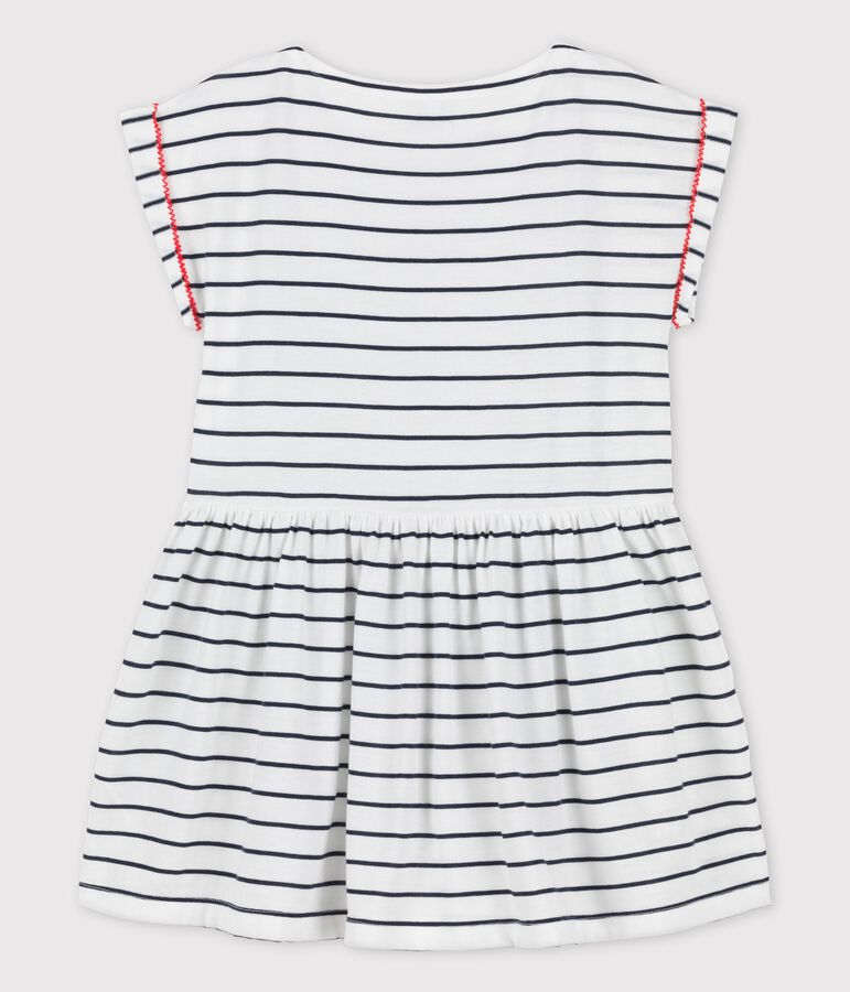 Girls' Short-Sleeved Cotton Dress MARSHMALLOW white/SMOKING blue