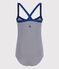 Girls' One-Piece Stripy Swimsuit MEDIEVAL blue/MARSHMALLOW white
