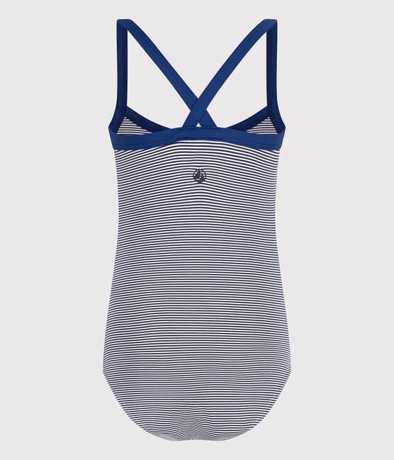 Girls' One-Piece Stripy Swimsuit MEDIEVAL blue/MARSHMALLOW white