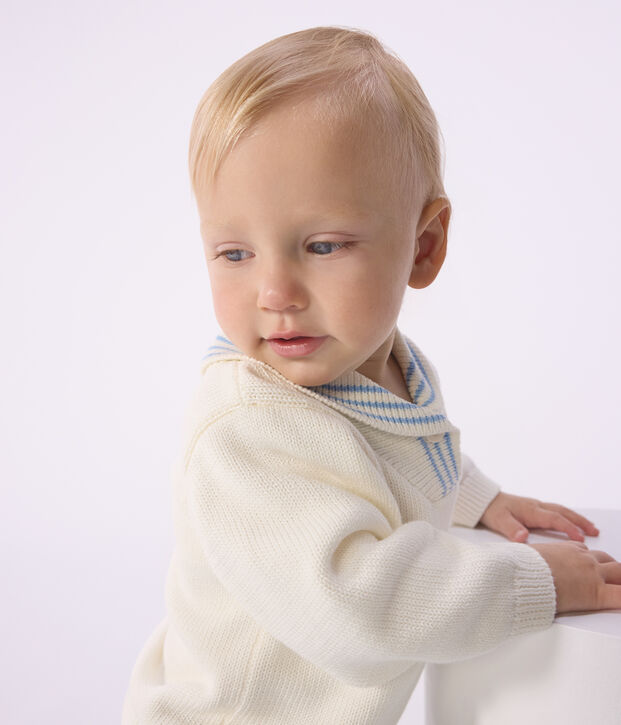 Babies' stripy cotton jumper with a shawl collar MILK