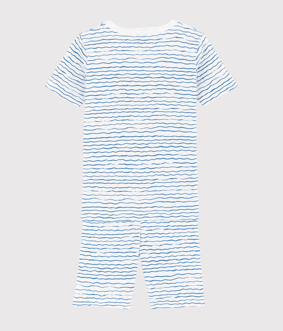 Boys' Snugfit Wave Print Cotton Short Pyjamas MARSHMALLOW white/COOL blue