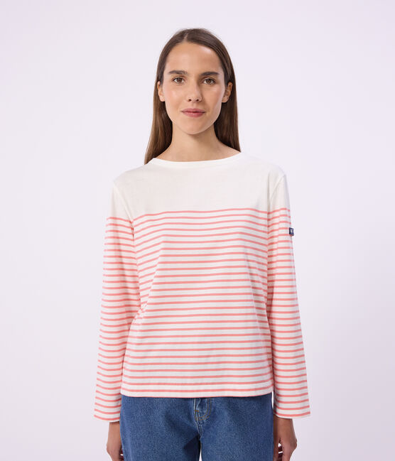 Women's stripy cotton Breton top MARSHMALLOW pink/FLAMAND