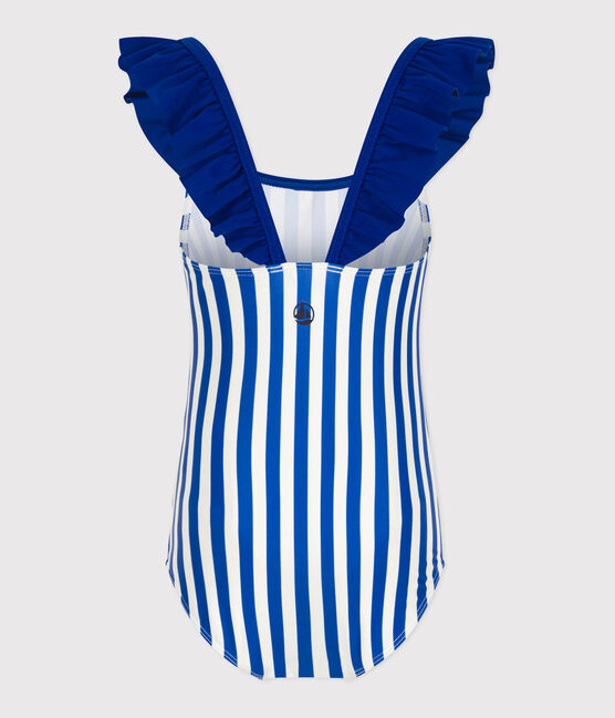 Children's one-piece stripy swimsuit SURF blue/MARSHMALLOW white
