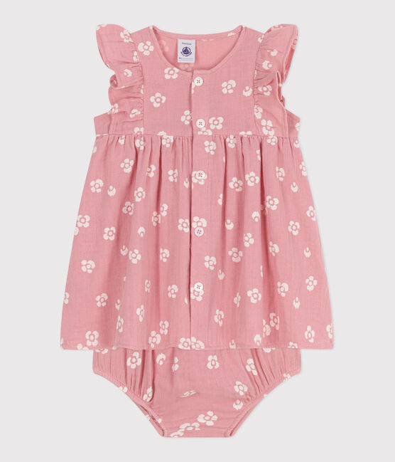 Babies' floral print cotton gauze dress and bloomers CHARME pink/MARSHMALLOW white