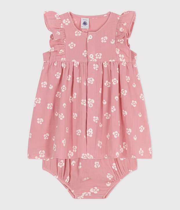 Babies' floral print cotton gauze dress and bloomers pink/white