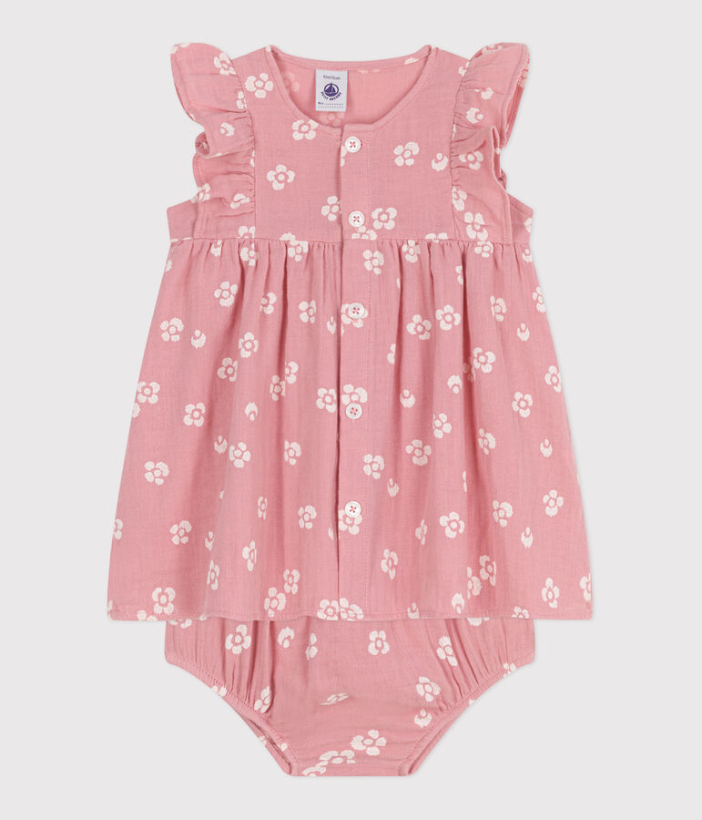 Babies' floral print cotton gauze dress and bloomers pink/white