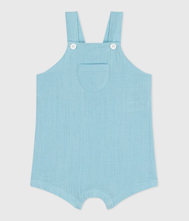 Babies' short-legged plain cotton gauze dungarees blue